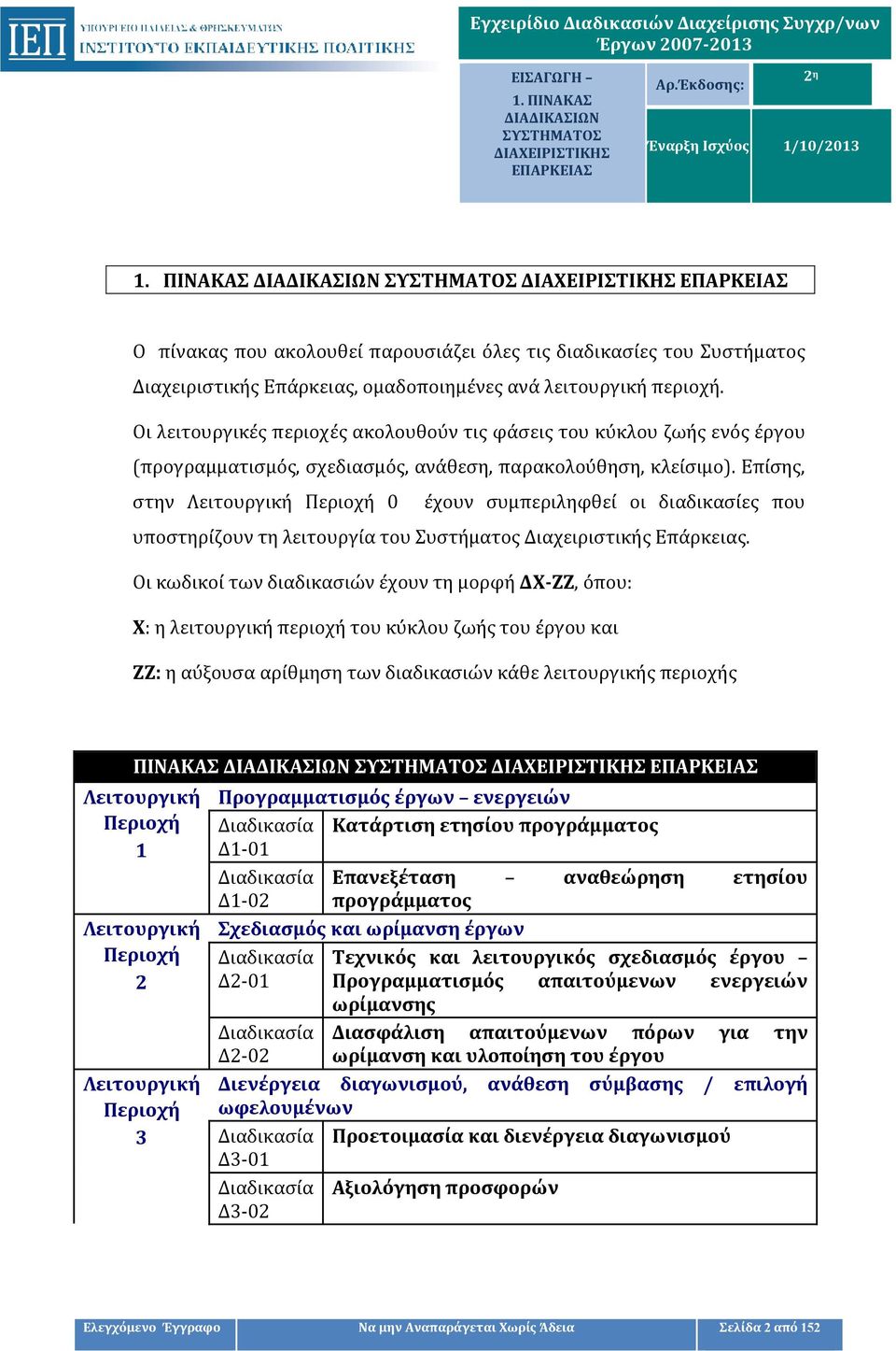 Οι λειτουργικές περιοχές ακολουθούν τις φάσεις του κύκλου ζωής ενός έργου (προγραμματισμός, σχεδιασμός, ανάθεση, παρακολούθηση, κλείσιμο).