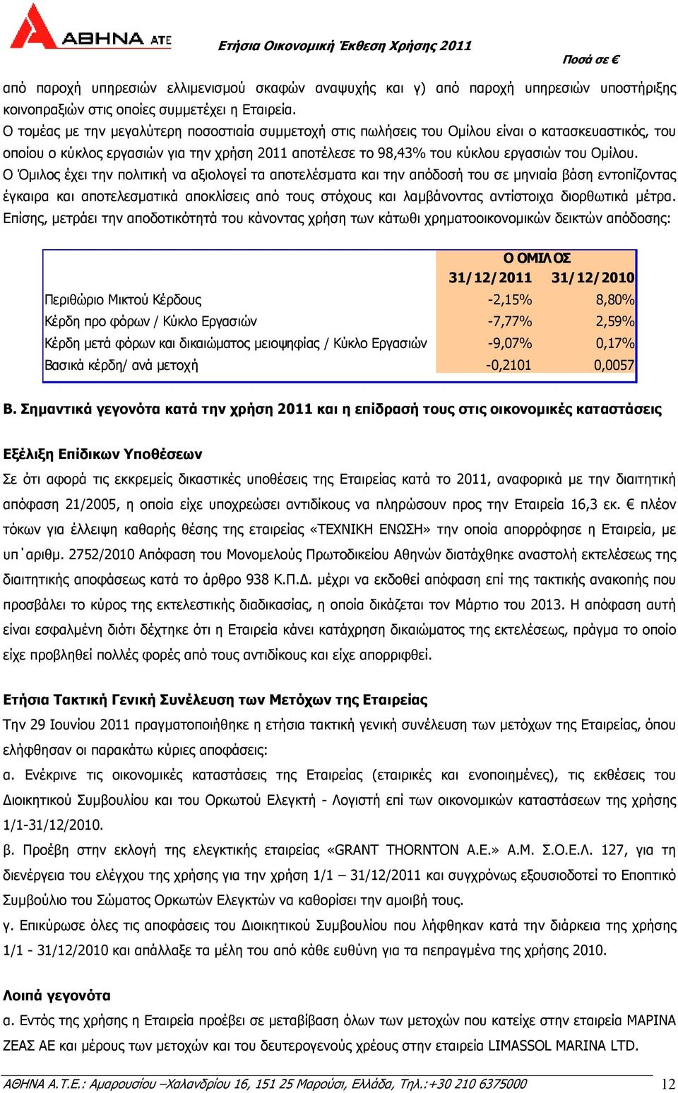 Ο Όµιλος έχει την πολιτική να αξιολογεί τα αποτελέσµατα και την απόδοσή του σε µηνιαία βάση εντοπίζοντας έγκαιρα και αποτελεσµατικά αποκλίσεις από τους στόχους και λαµβάνοντας αντίστοιχα διορθωτικά