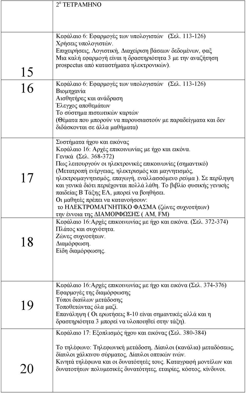 Βιομηχανία Αισθητήρες και ανάδραση Έλεγχος αποθεμάτων Το σύστημα πιστωτικών καρτών (Θέματα που μπορούν να παρουσιαστούν με παραδείγματα και δεν διδάσκονται σε άλλα μαθήματα) Συστήματα ήχου και