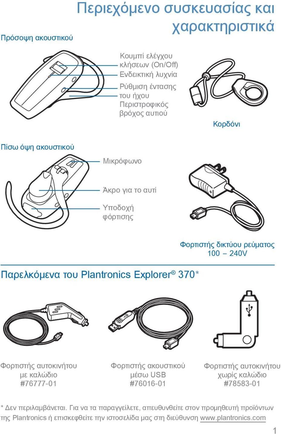 ρεύματος 100 240V Φορτιστής αυτοκινήτου με καλώδιο #76777-01 Φορτιστής ακουστικού μέσω USB #76016-01 Φορτιστής αυτοκινήτου χωρίς καλώδιο #78583-01 * Δεν