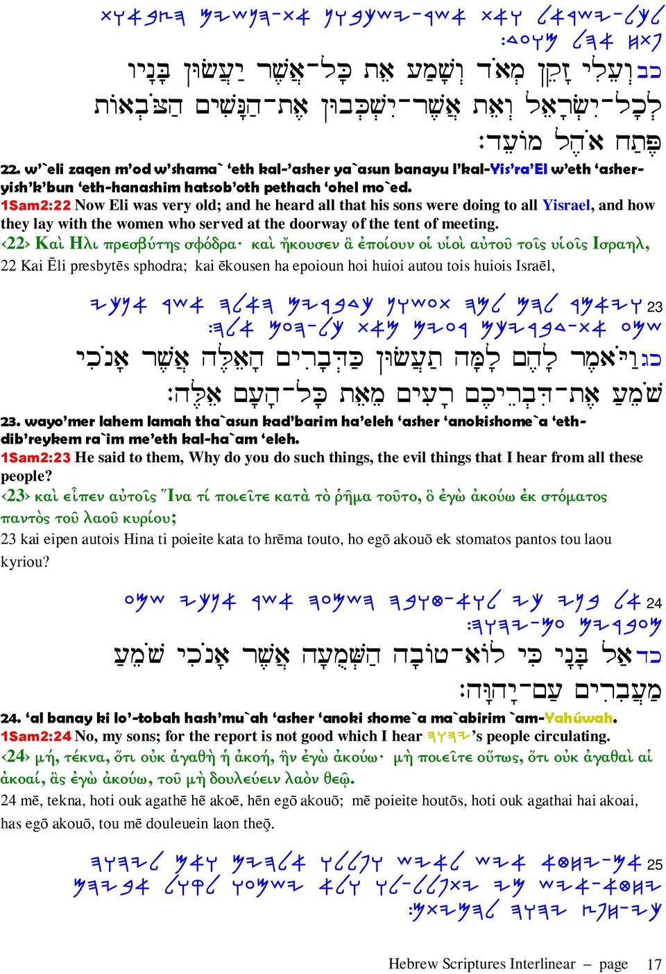 1Sam2:22 Now Eli was very old; and he heard all that his sons were doing to all Yisrael, and how they lay with the women who served at the doorway of the tent of meeting.