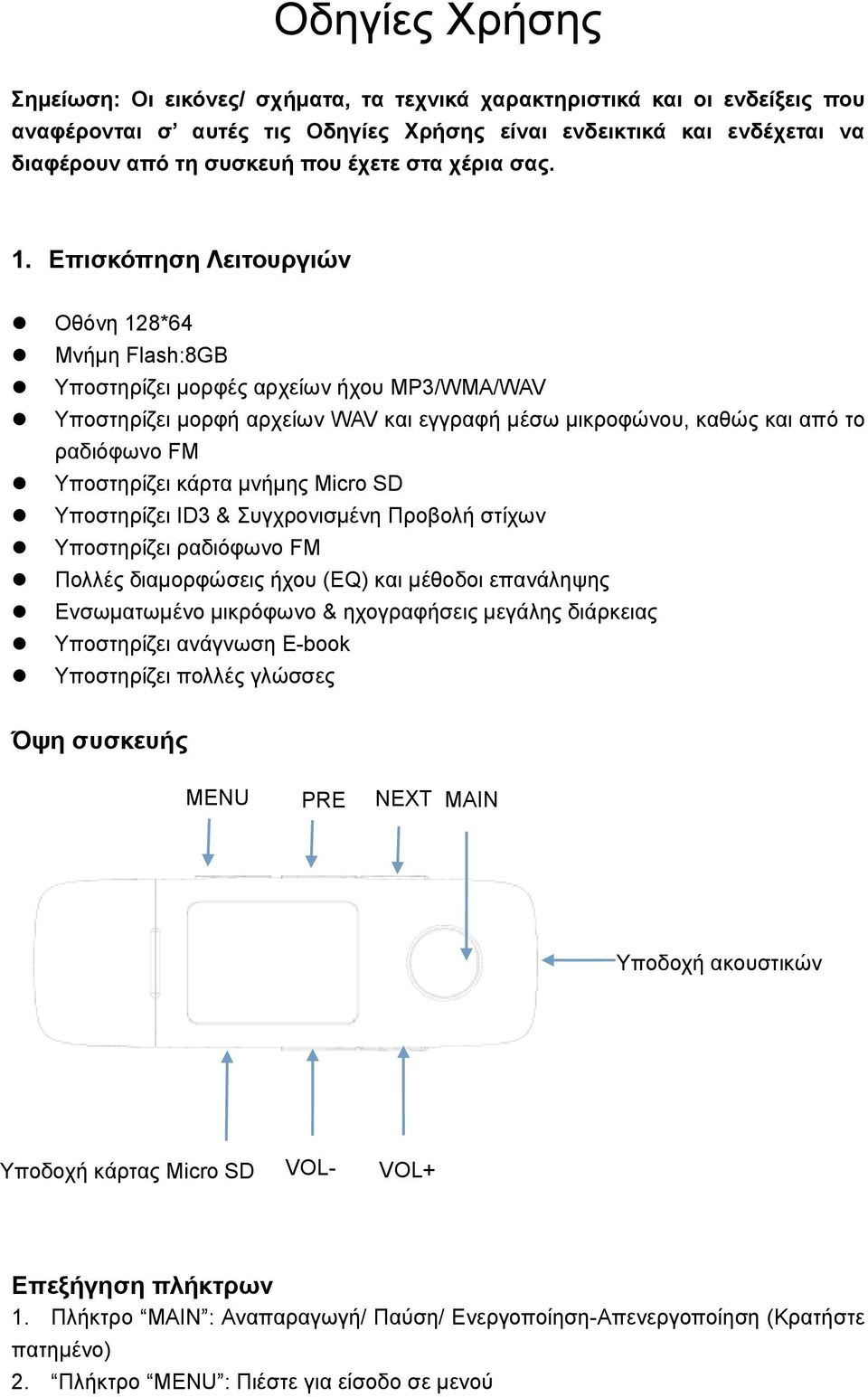 Επισκόπηση Λειτουργιών Οθόνη 128*64 Μνήμη Flash:8GB Υποστηρίζει μορφές αρχείων ήχου MP3/WMA/WAV Υποστηρίζει μορφή αρχείων WAV και εγγραφή μέσω μικροφώνου, καθώς και από το ραδιόφωνο FM Υποστηρίζει