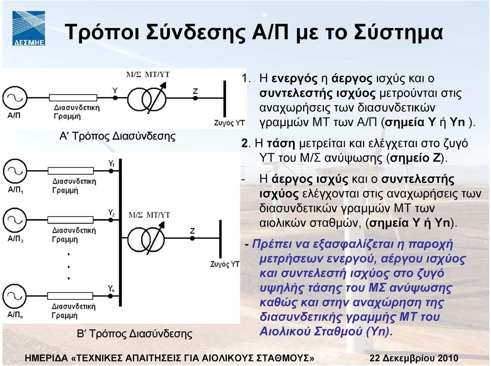 H τάση µετρείται και ελέγχεται στο ζυγό ΥΤ του Μ/Σ ανύψωσης(σηµείο Ζ).