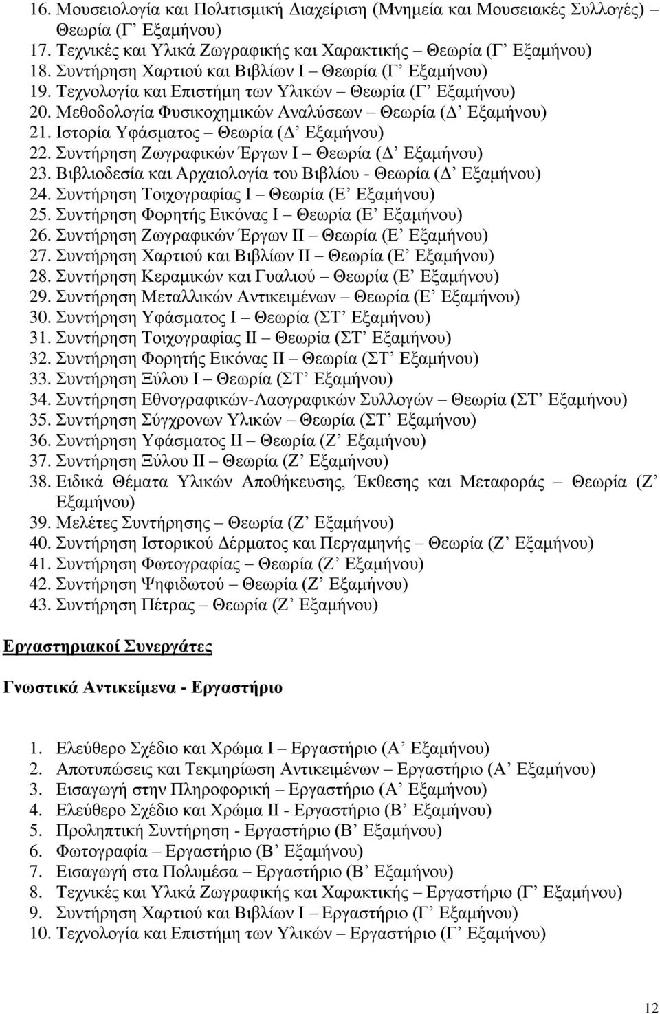 Ιστορία Υφάσματος Θεωρία (Δ Εξαμήνου) 22. Συντήρηση Ζωγραφικών Έργων Ι Θεωρία (Δ Εξαμήνου) 23. Βιβλιοδεσία και Αρχαιολογία του Βιβλίου - Θεωρία (Δ Εξαμήνου) 24.