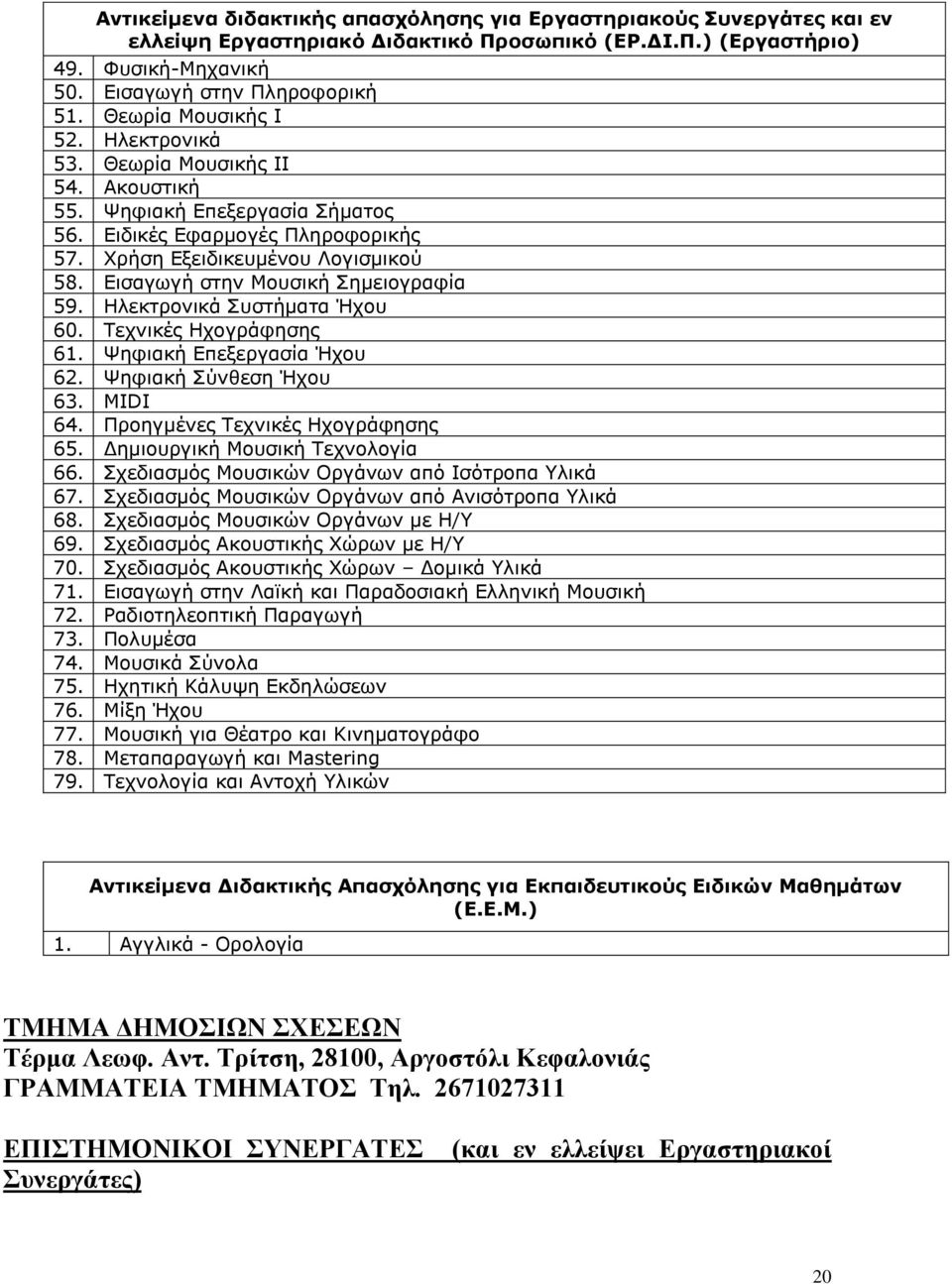 Εισαγωγή στην Μουσική Σημειογραφία 59. Ηλεκτρονικά Συστήματα Ήχου 60. Τεχνικές Ηχογράφησης 61. Ψηφιακή Επεξεργασία Ήχου 62. Ψηφιακή Σύνθεση Ήχου 63. MIDI 64. Προηγμένες Τεχνικές Ηχογράφησης 65.