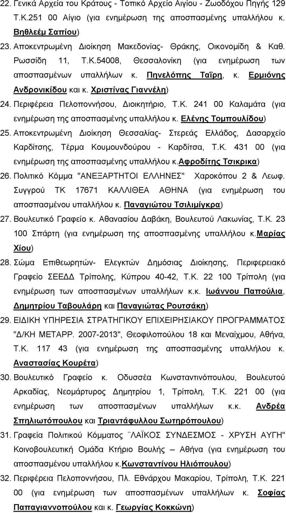 Χριστίνας Γιαννέλη) 24. Περιφέρεια Πελοποννήσου, Διοικητήριο, Τ.Κ. 241 00 Καλαμάτα (για ενημέρωση της αποσπασμένης υπαλλήλου κ. Ελένης Τομπουλίδου) 25.