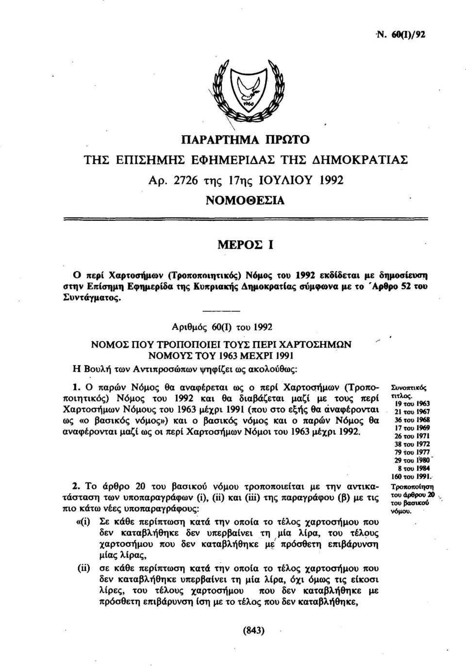 Αριθμός 60(1) του 1992 ΝΟΜΟΣ ΠΟΥ ΤΡΟΠΟΠΟΙΕΙ ΤΟΥΣ ΠΕΡΙ ΧΑΡΤΟΣΗΜΩΝ ΝΟΜΟΥΣ ΤΟΥ 1963 ΜΕΧΡΙ 1991 Η Βουλή των Αντιπροσώπων ψηφίζει ως ακολούθως: 1.