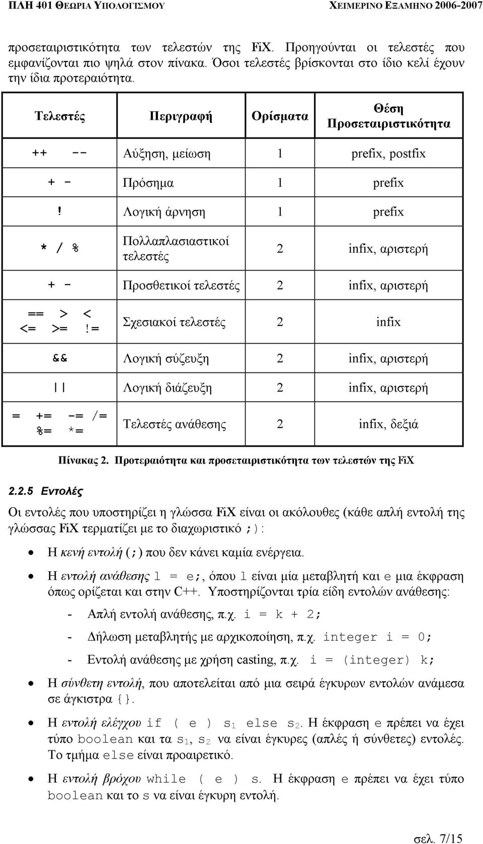 -- Αύξηση, Λογική Πρόσηµα Περιγραφή άρνηση µείωση Ορίσµατα 1 Προσεταιριστικότητα prefix, prefix Θέση postfix <= == * + >= /-% Πολλαπλασιαστικοί τελεστές Προσθετικοί τελεστές && > <!