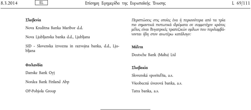 σημαντικά πιστωτικά ιδρύματα σε συμμετέχον κράτος μέλος είναι θυγατρικές τραπεζικών ομίλων που περιλαμβάνονται ήδη στον ανωτέρω κατάλογο: Μάλτα