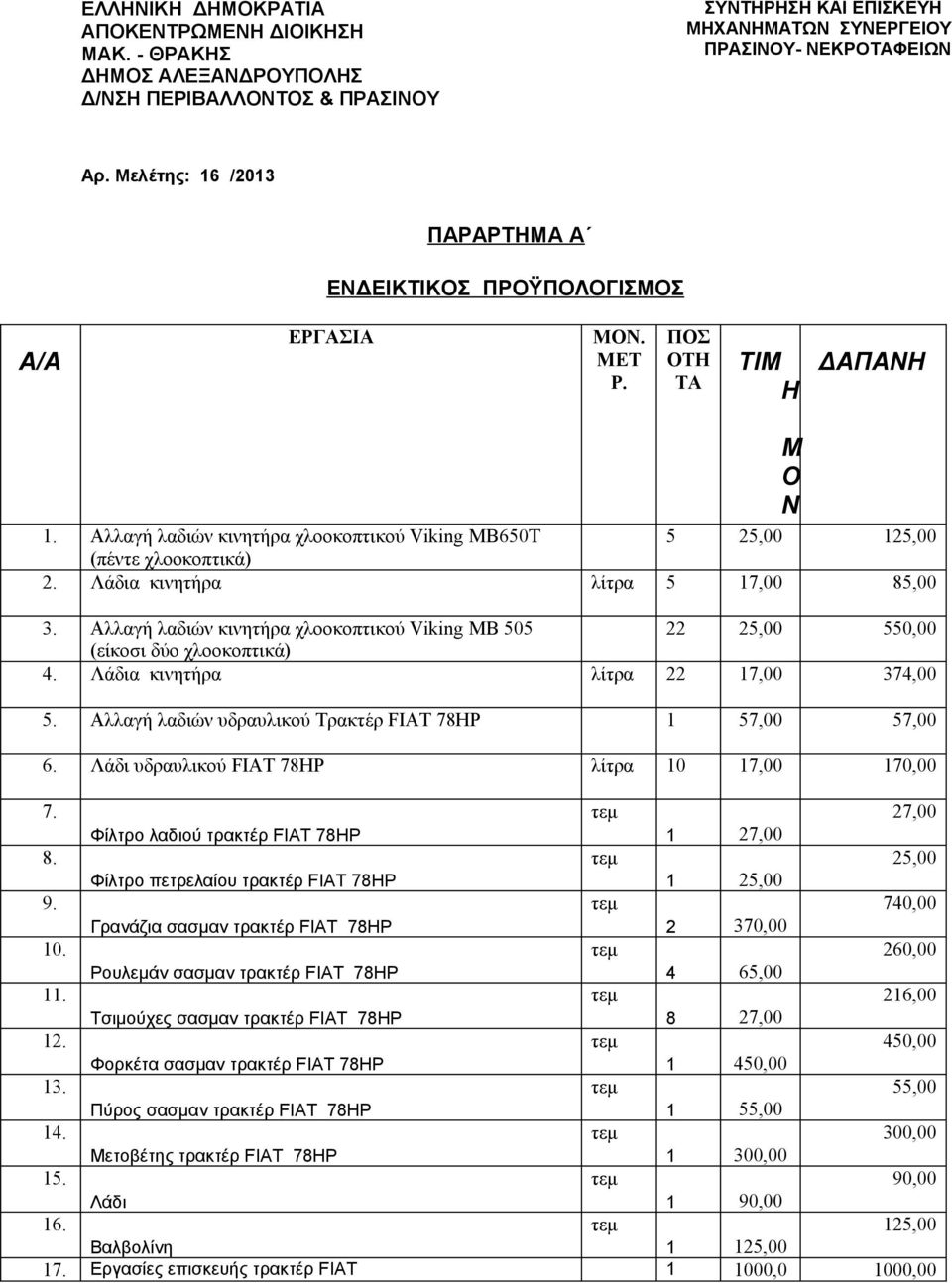 Λάδια κινητήρα λίτρα 5 17,00 85,00 3. Αλλαγή λαδιών κινητήρα χλοοκοπτικού Viking ΜΒ 505 22 25,00 550,00 (είκοσι δύο χλοοκοπτικά) 4. Λάδια κινητήρα λίτρα 22 17,00 374,00 5.