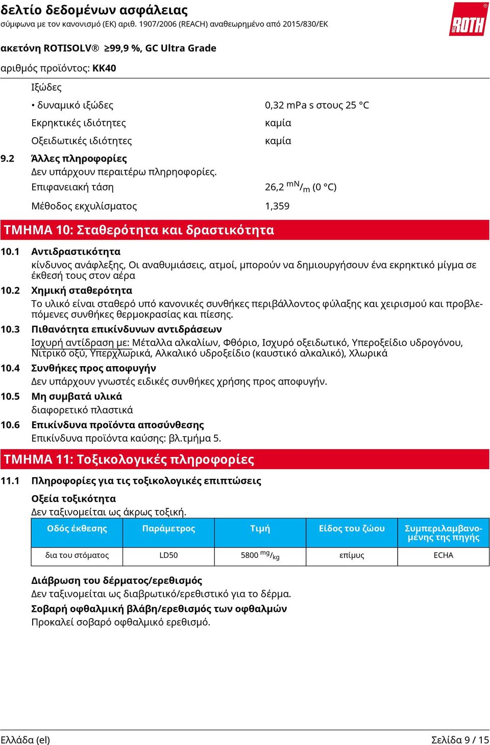 1 Αντιδραστικότητα κίνδυνος ανάφλεξης, Οι αναθυμιάσεις, ατμοί, μπορούν να δημιουργήσουν ένα εκρηκτικό μίγμα σε έκθεσή τους στον αέρα 10.