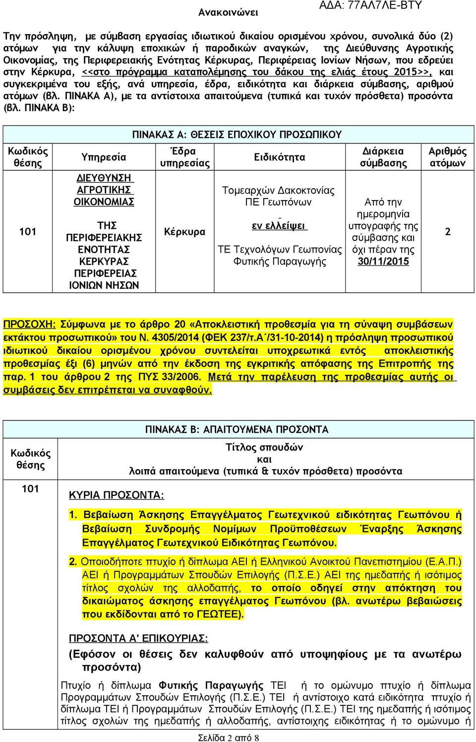 ειδικότητα και διάρκεια σύμβασης, αριθμού ατόμων (βλ. ΠΙΝΑΚΑ Α), με τα αντίστοιχα απαιτούμενα (τυπικά και τυχόν πρόσθετα) προσόντα (βλ.