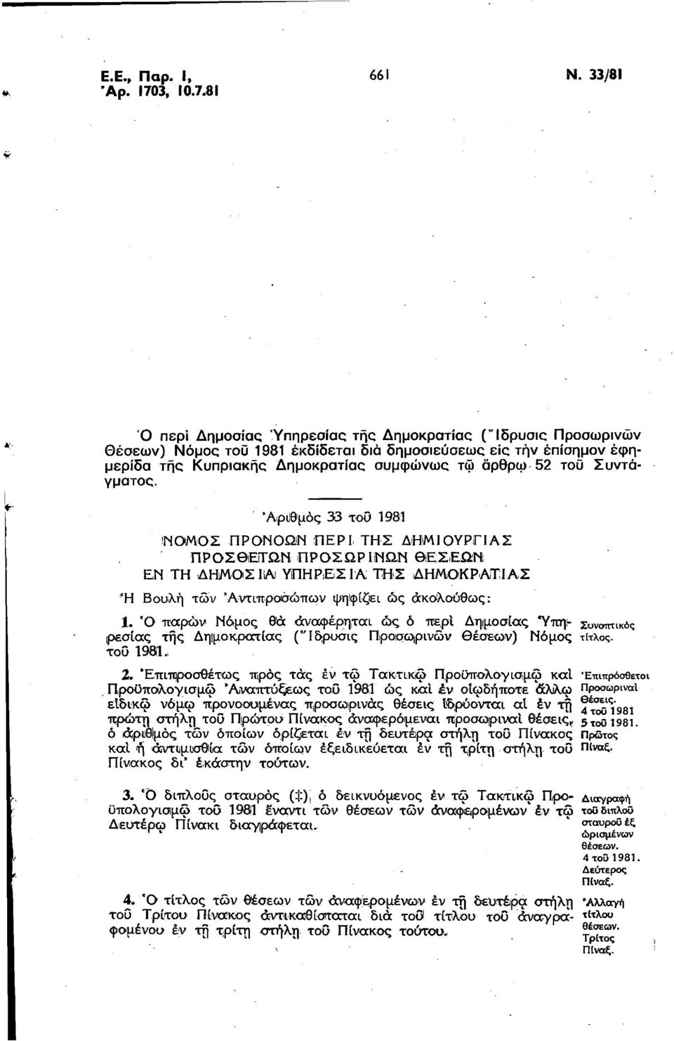 33 τοϋ 1981 ΝΟΜΟΣ ΠΡΟΝΟΩΝ ΠΕΡ ΤΗΣ ΔΗΜΟΥΡΓΑΣ ΠΡΟΣ ΒΕΓΓΩΝ Π Ρ Ο Σ Ω Ρ ίνων θιε ΣΕΩΝ ΕΝ ΤΗ ΔΗΜΟΣΑ ΥΠΗΡΕΣΑ ΤΠΗΣ ΔΗΜΟΚΡΑΤΑΣ Ή Βουλή των Αντιπροσώπων ψηφίζει ώς ακολούθως: 1.
