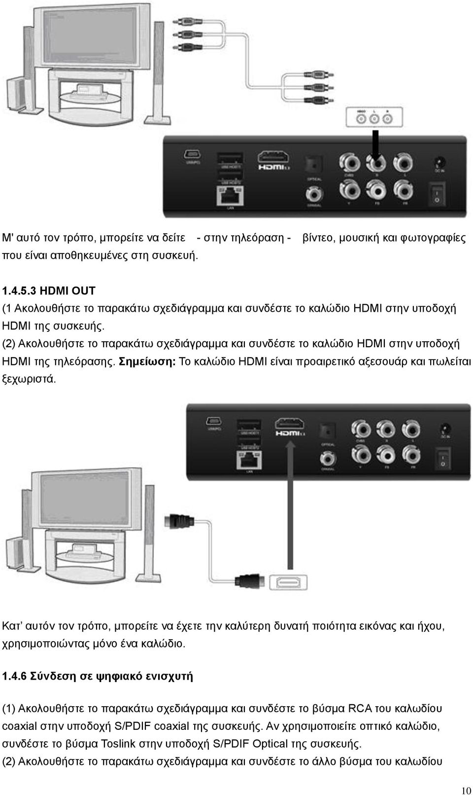 (2) Ακολουθήστε το παρακάτω σχεδιάγραμμα και συνδέστε το καλώδιο HDMI στην υποδοχή HDMI της τηλεόρασης. Σημείωση: Το καλώδιο HDMI είναι προαιρετικό αξεσουάρ και πωλείται ξεχωριστά.