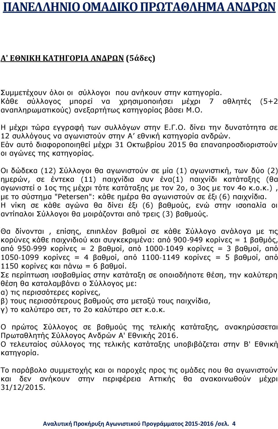 Εάν αυτό διαφοροποιηθεί μέχρι 31 Οκτωβρίου 2015 θα επαναπροσδιοριστούν οι αγώνες της κατηγορίας.