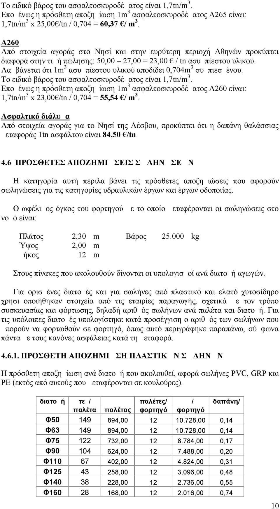 Λαμβάνεται ότι 1m 3 ασυμπίεστου υλικού αποδίδει 0,704m 3 συμπιεσμένου. Το ειδικό βάρος του ασφαλτοσκυροδέματος είναι 1,7tn/m 3.