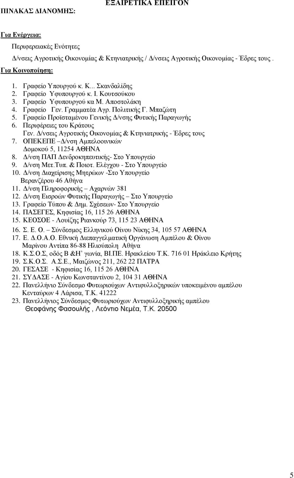 Γξαθείν Πξντζηακέλνπ Γεληθήο Γ/λζεο Φπηηθήο Παξαγσγήο 6. Πεξηθέξεηεο ηνπ Κξάηνπο Γελ. Γ/λζεηο Αγξνηηθήο Οηθνλνκίαο & Κηεληαηξηθήο - Έδξεο ηνπο 7. ΟΠΔΚΔΠΔ Γ/λζε Ακπειννηληθψλ Γνκνθνχ 5, 11254 ΑΘΖΝΑ 8.