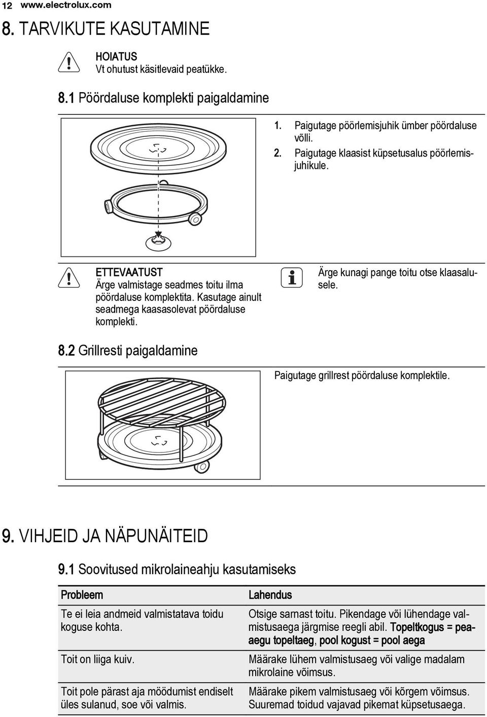 Ärge kunagi pange toitu otse klaasalusele. 8.2 Grillresti paigaldamine Paigutage grillrest pöördaluse komplektile. 9. VIHJEID JA NÄPUNÄITEID 9.