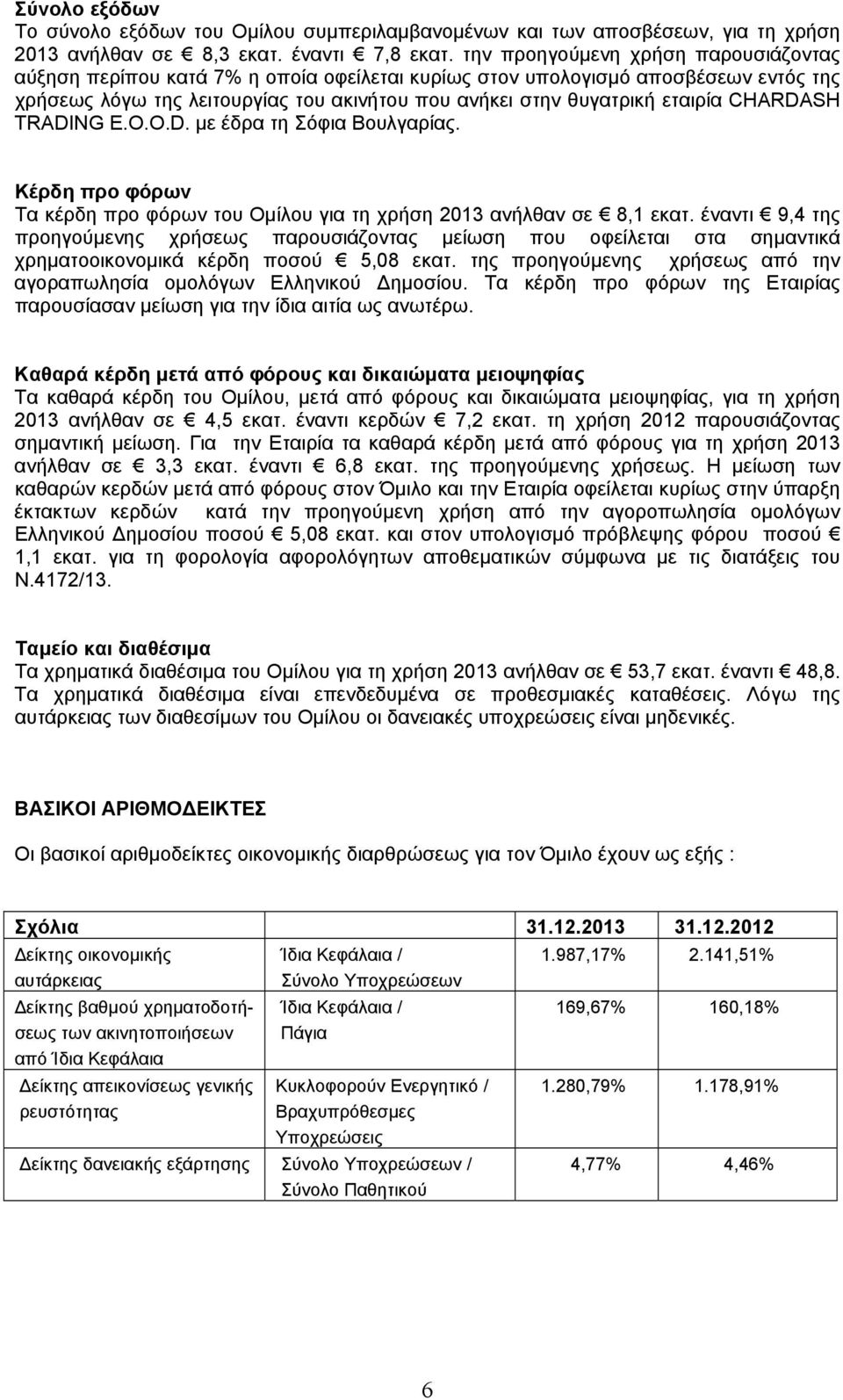 CHARDASH TRADING E.O.O.D. με έδρα τη Σόφια Βουλγαρίας. Κέρδη προ φόρων Τα κέρδη προ φόρων του Ομίλου για τη χρήση 2013 ανήλθαν σε 8,1 εκατ.