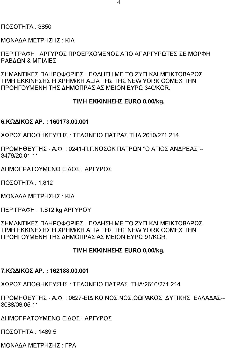 ΠΑΤPΩΝ "Ο ΑΓΙΟΣ ΑΝΔPΕΑΣ"-- 3478/20.01.11 ΠΟΣΟΤΗΤΑ : 1,812 ΠΕΡΙΓΡΑΦΗ : 1.812 kg ΑΡΓΥΡΟΥ. ΠΡΟΗΓΟΥΜΕΝΗ ΤΗΣ ΔΗΜΟΠΡΑΣΙΑΣ ΜΕΙΟΝ ΕΥΡΩ 91/KGR. 7.ΚΩΔΙΚΟΣ ΑΡ.