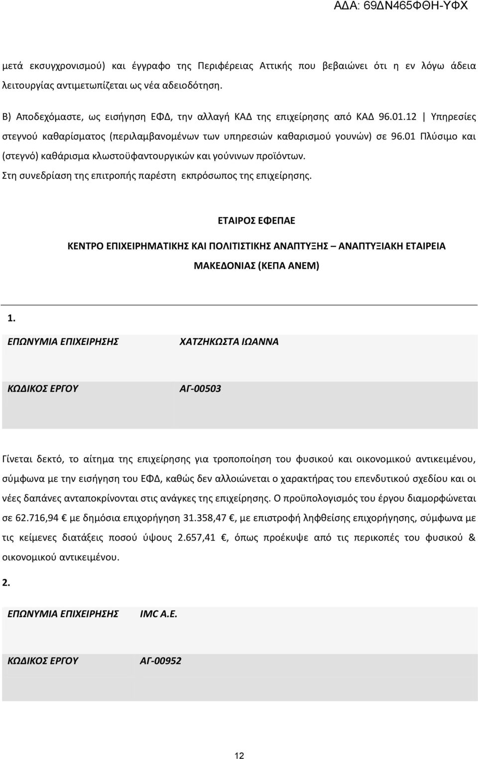 01 Πλύσιμο και (στεγνό) καθάρισμα κλωστοϋφαντουργικών και γούνινων προϊόντων. Στη συνεδρίαση της επιτροπής παρέστη εκπρόσωπος της επιχείρησης.