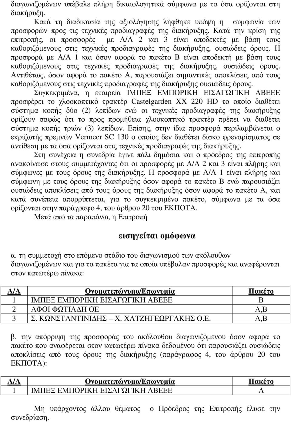 Κατά την κρίση της επιτροπής, οι προσφορές µε Α/Α 2 και 3 είναι αποδεκτές µε βάση τους καθοριζόµενους στις τεχνικές προδιαγραφές της διακήρυξης, ουσιώδεις όρους.