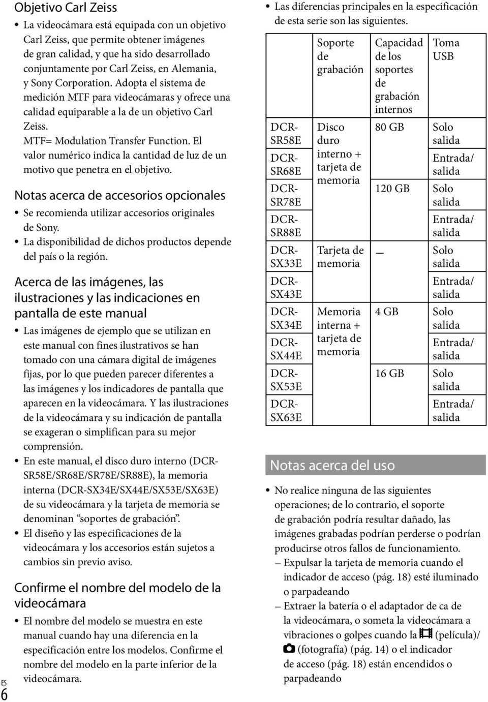 El valor numérico indica la cantidad de luz de un motivo que penetra en el objetivo. Notas acerca de accesorios opcionales Se recomienda utilizar accesorios originales de Sony.