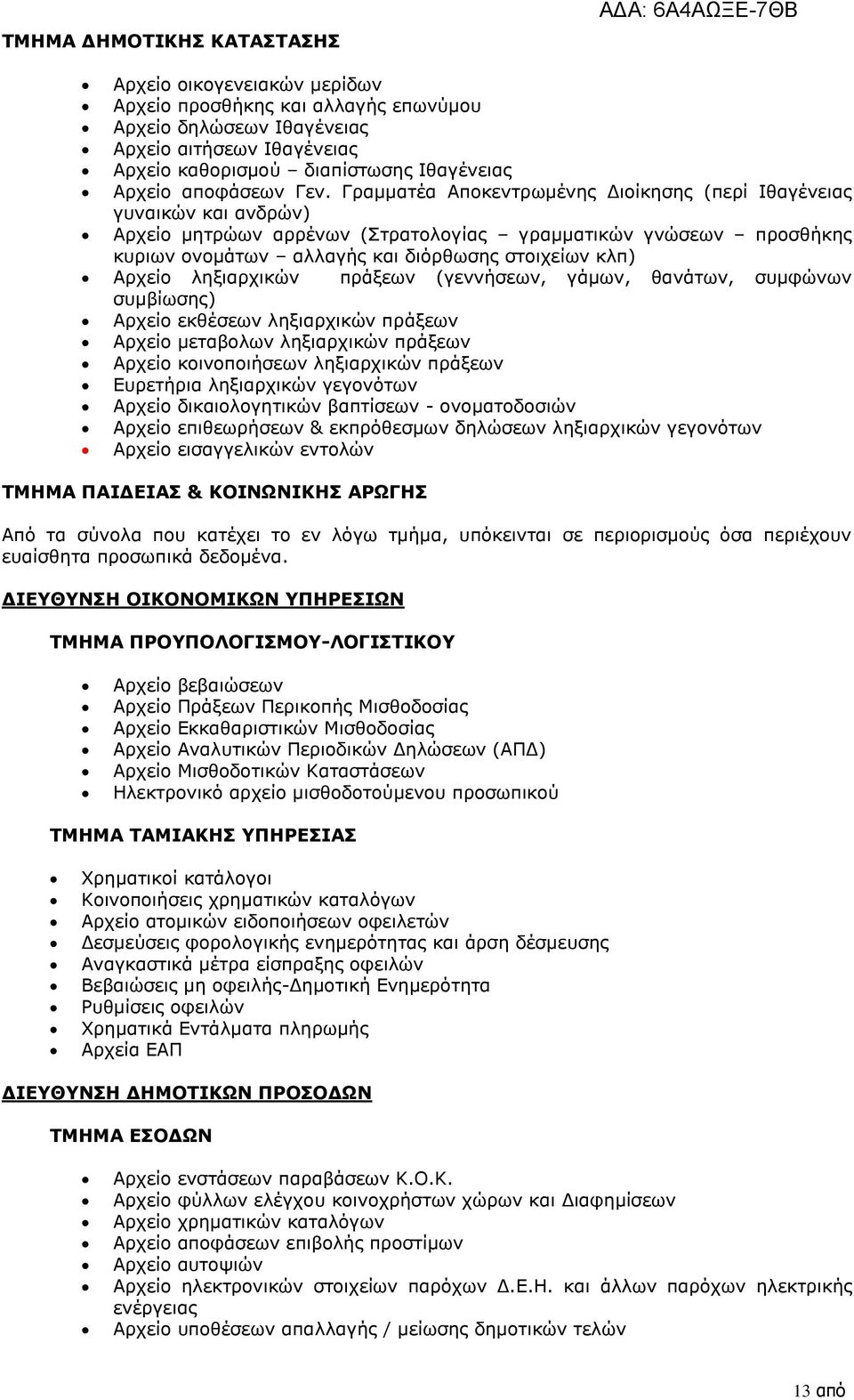 Γραμματέα Αποκεντρωμένης Διοίκησης (περί Ιθαγένειας γυναικών και ανδρών) Αρχείο μητρώων αρρένων (Στρατολογίας γραμματικών γνώσεων προσθήκης κυριων ονομάτων αλλαγής και διόρθωσης στοιχείων κλπ) Αρχείο