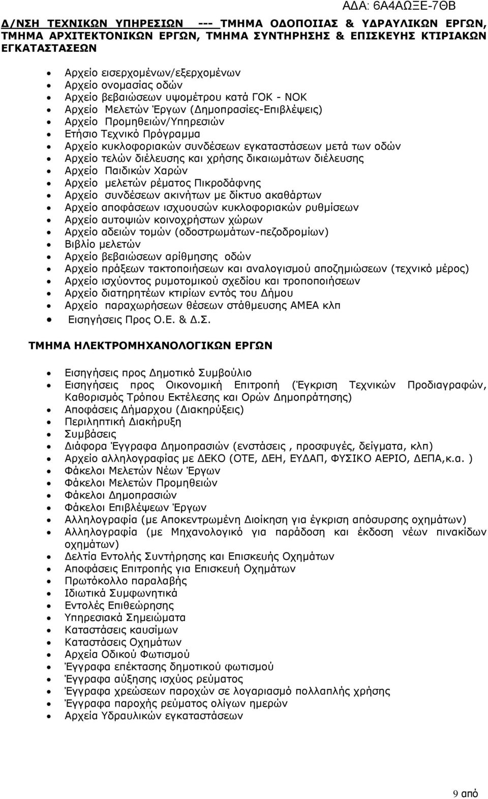 οδών Αρχείο τελών διέλευσης και χρήσης δικαιωμάτων διέλευσης Αρχείο Παιδικών Χαρών Αρχείο μελετών ρέματος Πικροδάφνης Αρχείο συνδέσεων ακινήτων με δίκτυο ακαθάρτων Αρχείο αποφάσεων ισχυουσών
