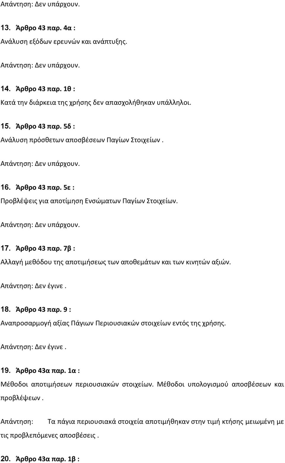 Άρθρο 43 παρ. 9 : Αναπροςαρμογι αξίασ Πάγιων Περιουςιακϊν ςτοιχείων εντόσ τθσ χριςθσ. 19. Άρθρο 43α παρ. 1α : Μζκοδοι αποτιμιςεων περιουςιακϊν ςτοιχείων.