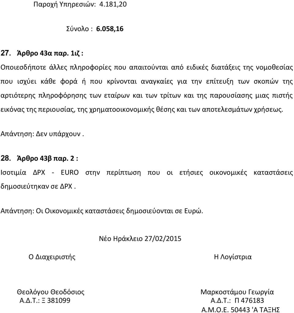 πλθροφόρθςθσ των εταίρων και των τρίτων και τθσ παρουςίαςθσ μιασ πιςτισ εικόνασ τθσ περιουςίασ, τθσ χρθματοοικονομικισ κζςθσ και των αποτελεςμάτων χριςεωσ. 28. Άρθρο 43β παρ.