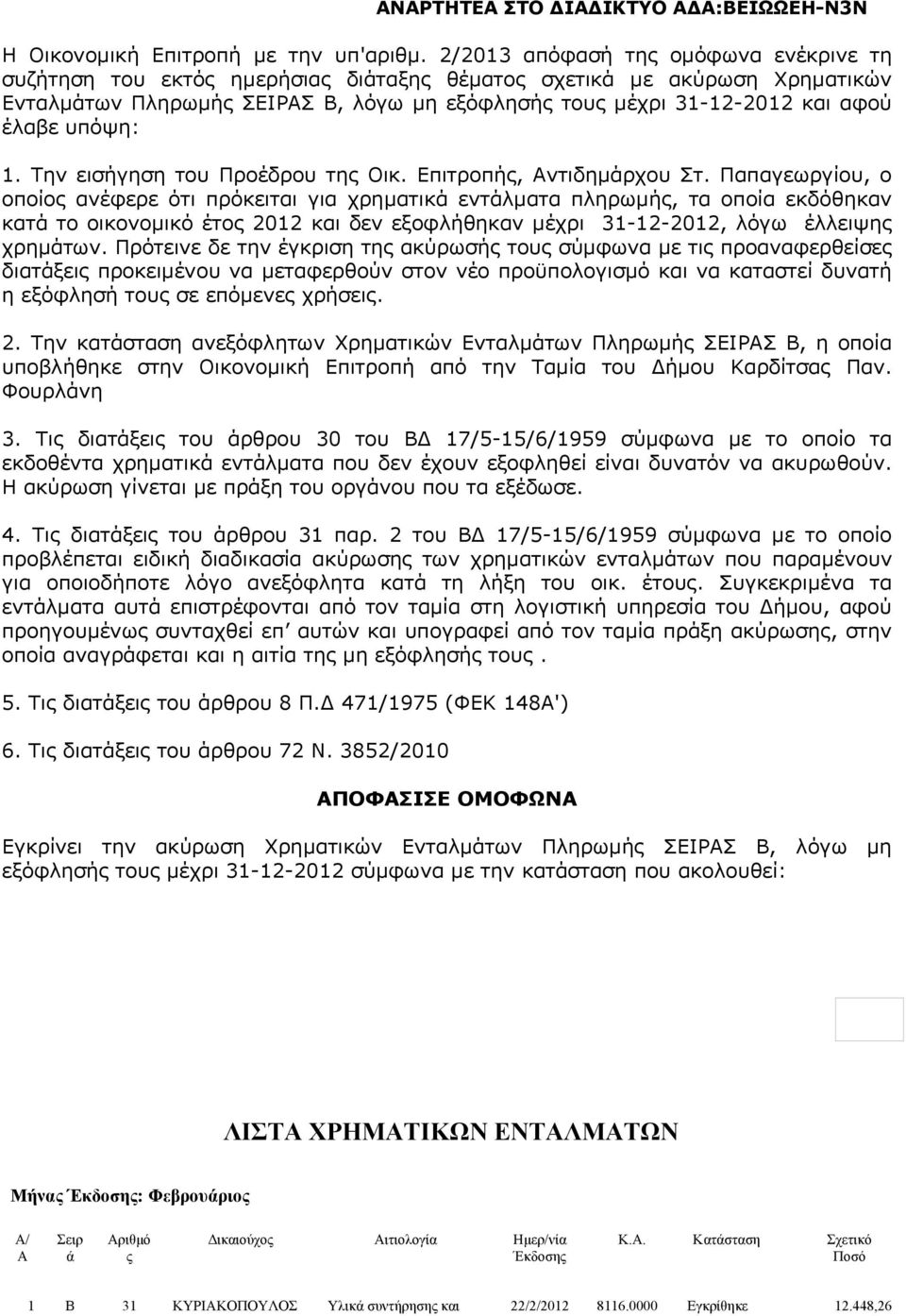 Την εισήγηση του Προέδρου τη Οικ. Επιτροπή, Αντιδημρχου Στ.