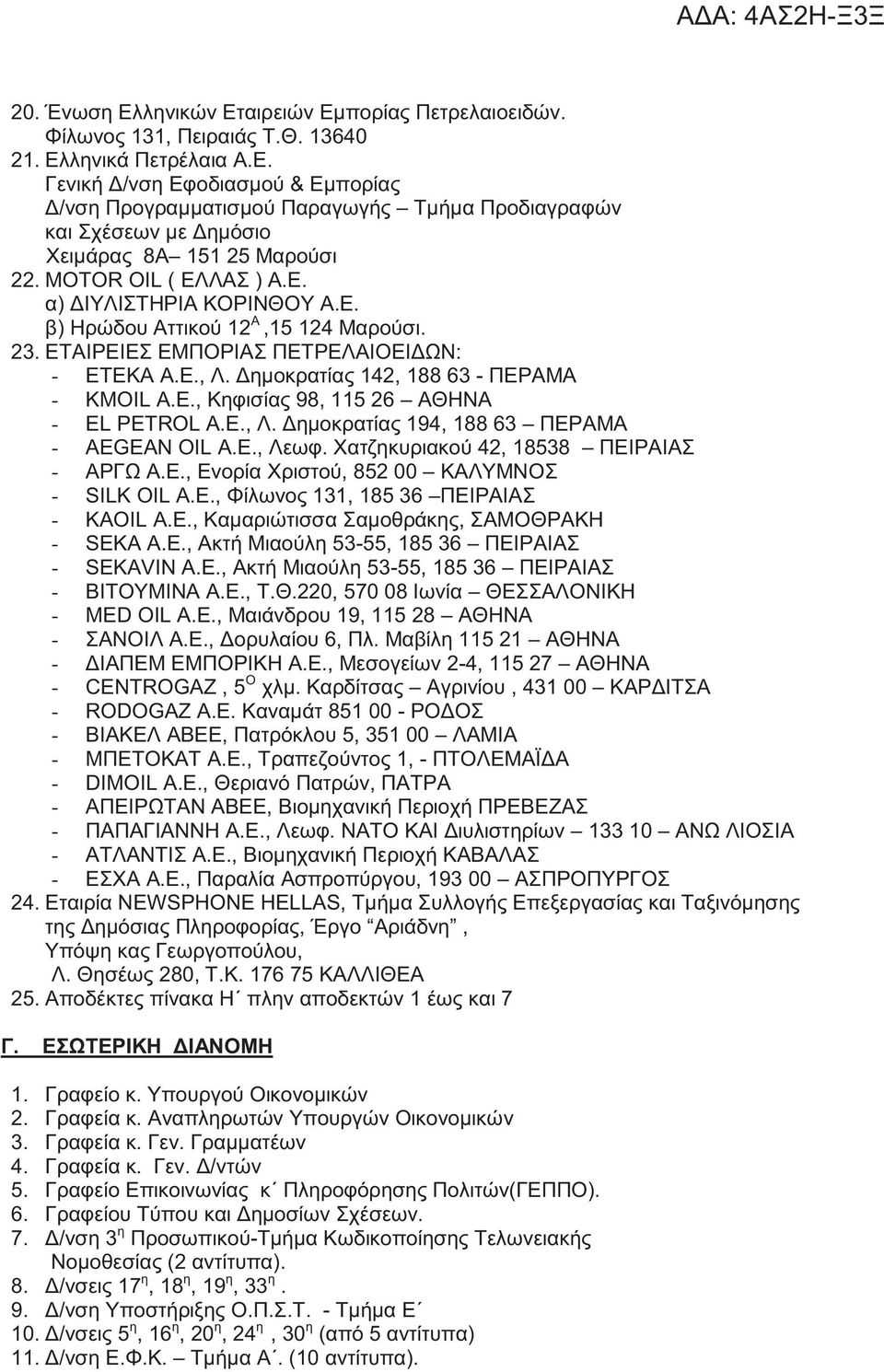 , Κηφισία 98, 115 26 ΑΘΗΝΑ - EL PETROL Α.Ε., Λ. Δημοκρατία 194, 188 63 ΠΕΡΑΜΑ - AEGEAN OIL Α.Ε., Λεωφ. Χατζηκυριακού 42, 18538 ΠΕΙΡΑΙΑΣ - ΑΡΓΩ Α.Ε., Ενορία Χριστού, 852 00 ΚΑΛΥΜΝΟΣ - SILK OIL Α.Ε., Φίλωνο 131, 185 36 ΠΕΙΡΑΙΑΣ - ΚΑΟΙL Α.