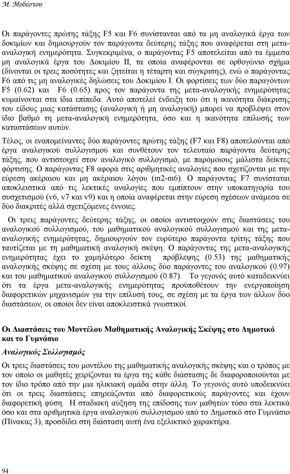 ενώ ο παράγοντας F6 από τις μη αναλογικές δηλώσεις του Δοκιμίου Ι. Οι φορτίσεις των δύο παραγόντων F5 (0.62) και F6 (0.