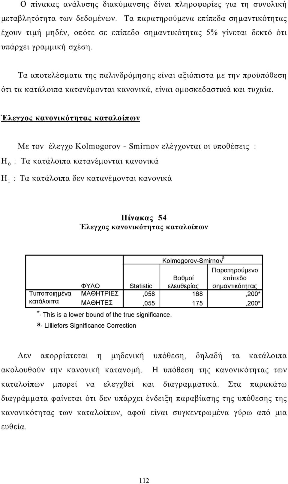 Έλεγχος κανονικότητας καταλοίπων Με τον έλεγχο Kolmogorov - Smirnov ελέγχονται οι υποθέσεις : Η 0 : Τα κατάλοιπα κατανέµονται κανονικά Η 1 : Τα κατάλοιπα δεν κατανέµονται κανονικά Πίνακας 54 Έλεγχος