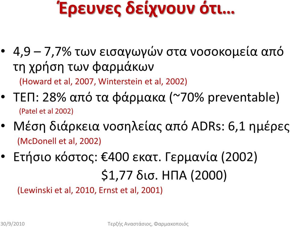 (Patel et al 2002) Μέση διάρκεια νοσηλείας από ADRs: 6,1 ημέρες (McDonell et al, 2002)