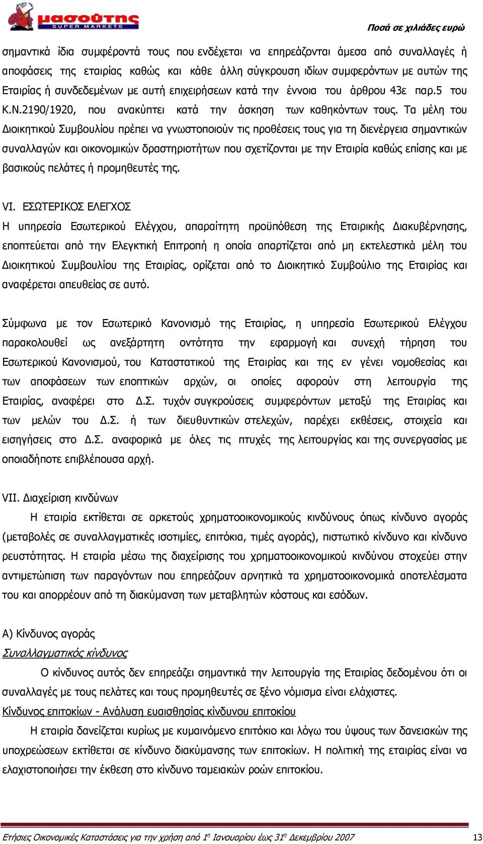 Τα μέλη του Διοικητικού Συμβουλίου πρέπει να γνωστοποιούν τις προθέσεις τους για τη διενέργεια σημαντικών συναλλαγών και οικονομικών δραστηριοτήτων που σχετίζονται με την Εταιρία καθώς επίσης και με