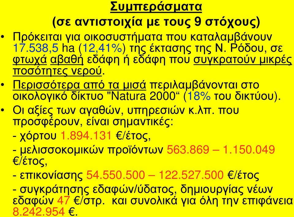 Περισσότερα από τα μισά περιλαμβάνονται στο οικολογικό δίκτυο "Natura 2000 (18% του δικτύου). Οι αξίες των αγαθών, υπηρεσιών κ.λπ.