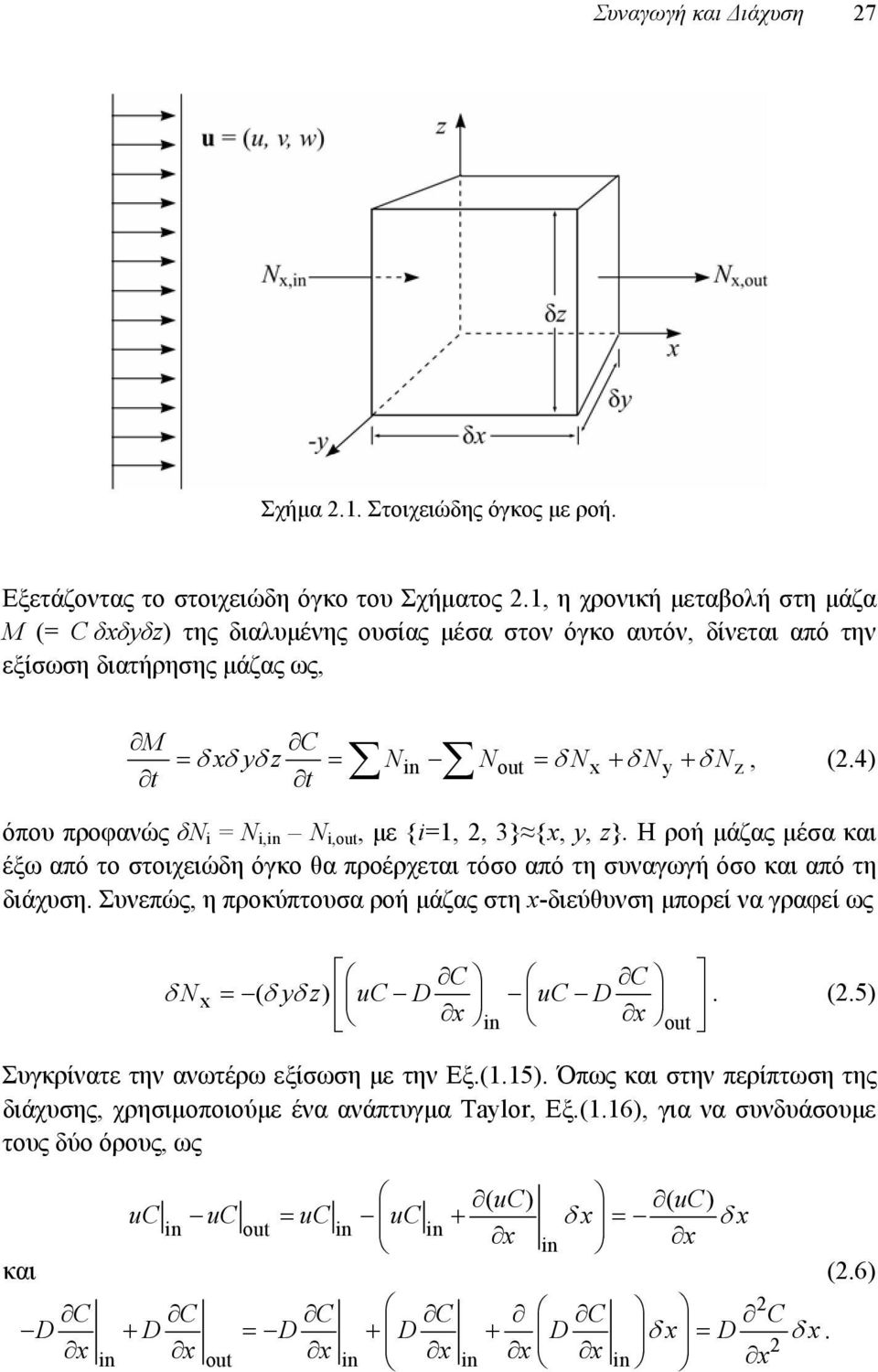 4) όπου προφανώς δν i = Ν i,in Ν i,out, με {i=1,, 3} {x, y, z}. Η ροή μάζας μέσα και έξω από το στοιχειώδη όγκο θα προέρχεται τόσο από τη συναγωγή όσο και από τη διάχυση.