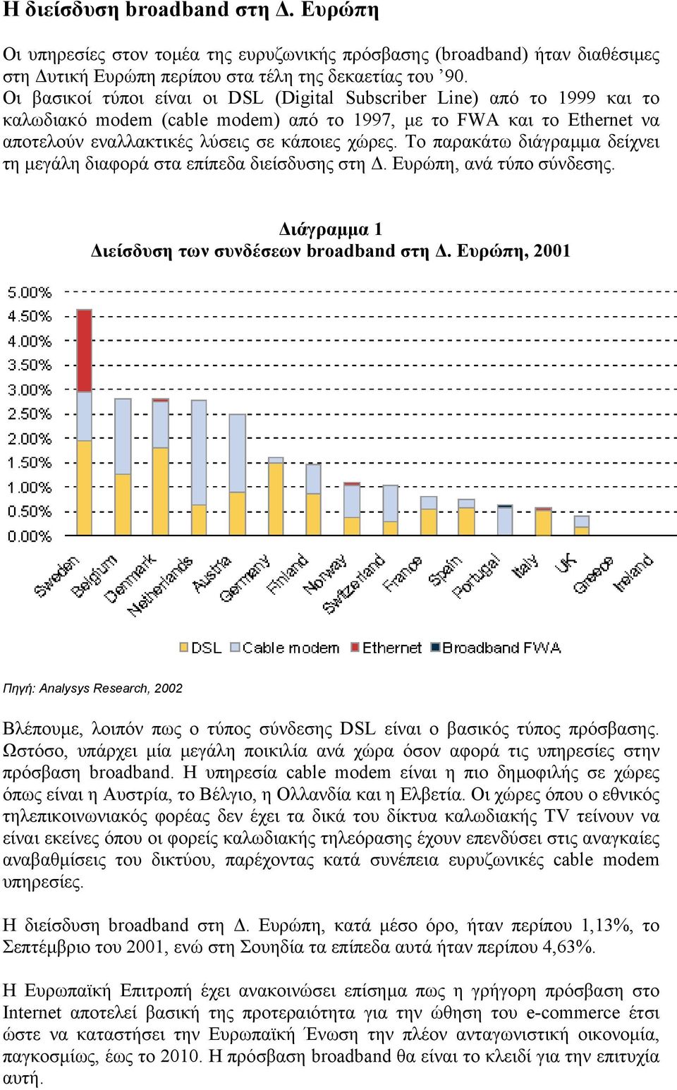 Το παρακάτω διάγραµµα δείχνει τη µεγάλη διαφορά στα επίπεδα διείσδυσης στη. Ευρώπη, ανά τύπο σύνδεσης. ιάγραµµα 1 ιείσδυση των συνδέσεων broadband στη.