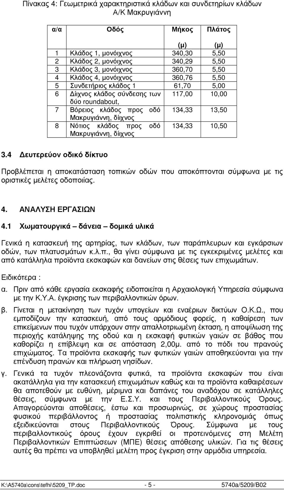 δίιχνος 8 Νότιος κλάδος προς οδό 134,33 10,50 Μακρυγιάννη, δίιχνος 3.4 ευτερεύον οδικό δίκτυο Προβλέπεται η αποκατάσταση τοπικών οδών που αποκόπτονται σύµφωνα µε τις οριστικές µελέτες οδοποιίας. 4.