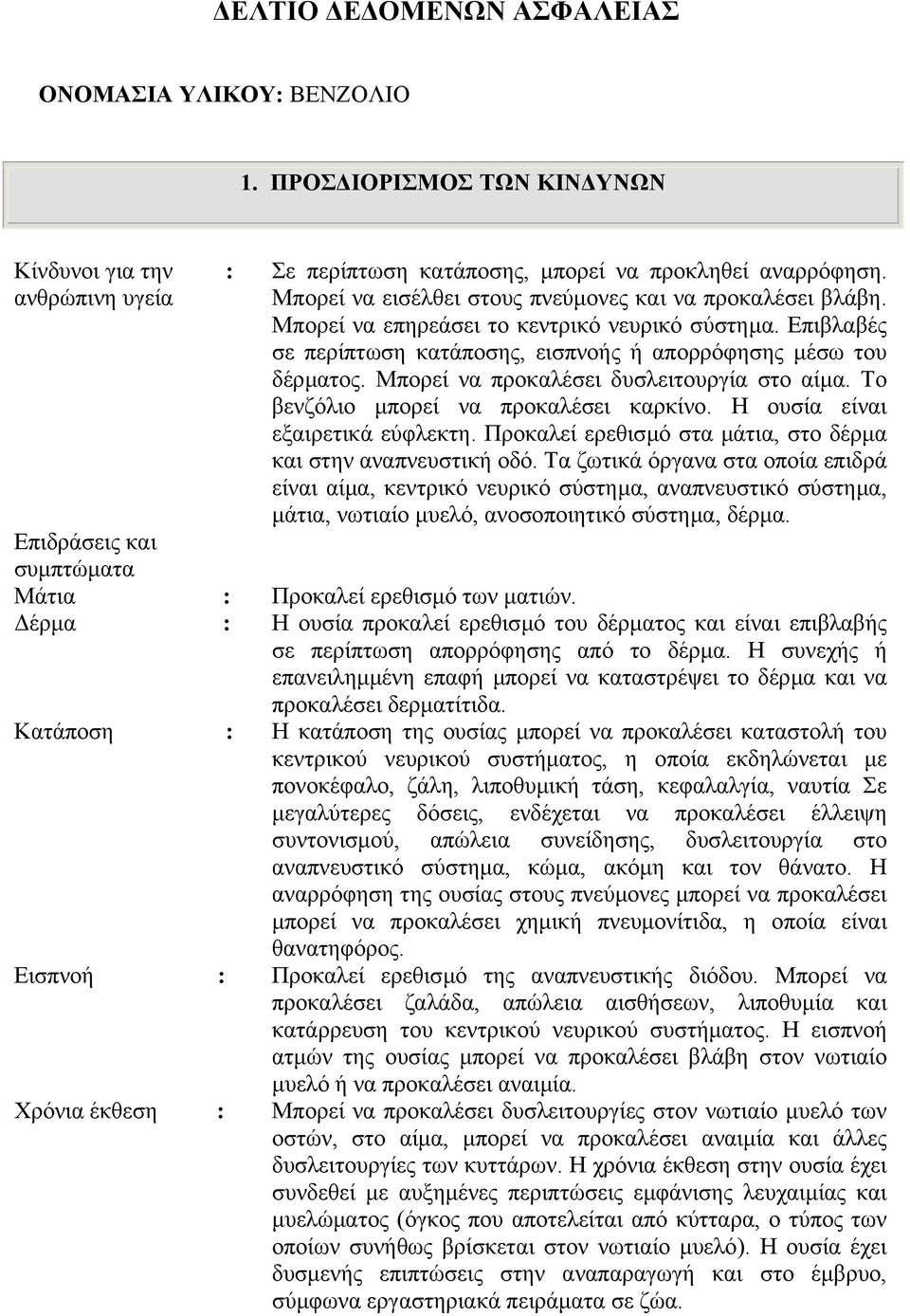 Μπορεί να προκαλέσει δυσλειτουργία στο αίµα. Το βενζόλιο µπορεί να προκαλέσει καρκίνο. Η ουσία είναι εξαιρετικά εύφλεκτη. Προκαλεί ερεθισµό στα µάτια, στο δέρµα και στην αναπνευστική οδό.