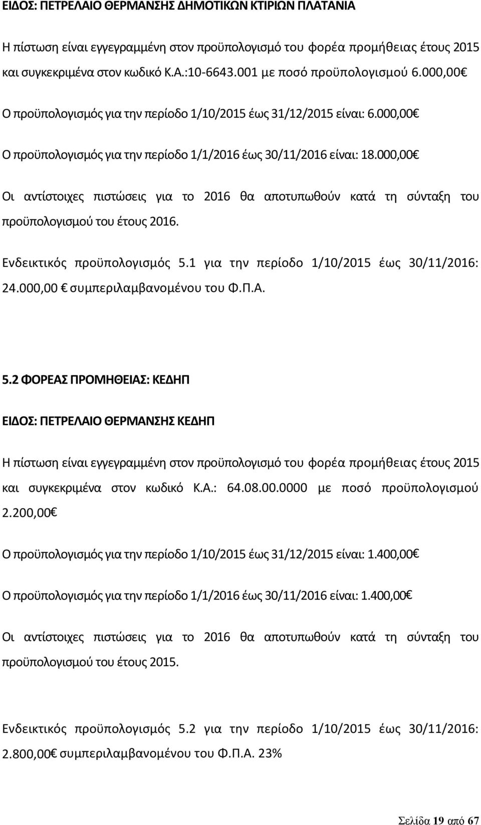 000,00 Οι αντίστοιχες πιστώσεις για το 2016 θα αποτυπωθούν κατά τη σύνταξη προϋπολογισμού του έτους 2016. του Ενδεικτικός προϋπολογισμός 5.1 για την περίοδο 1/10/2015 έως 30/11/2016: 24.