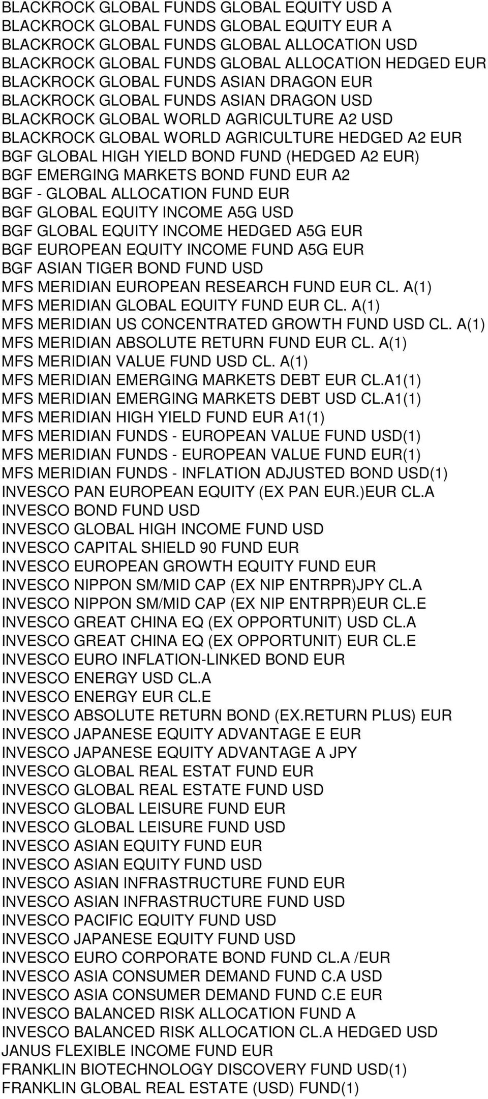 EUR) BGF EMERGING MARKETS BOND FUND EUR A2 BGF - GLOBAL ALLOCATION FUND EUR BGF GLOBAL EQUITY INCOME A5G USD BGF GLOBAL EQUITY INCOME HEDGED A5G EUR BGF EUROPEAN EQUITY INCOME FUND A5G EUR BGF ASIAN