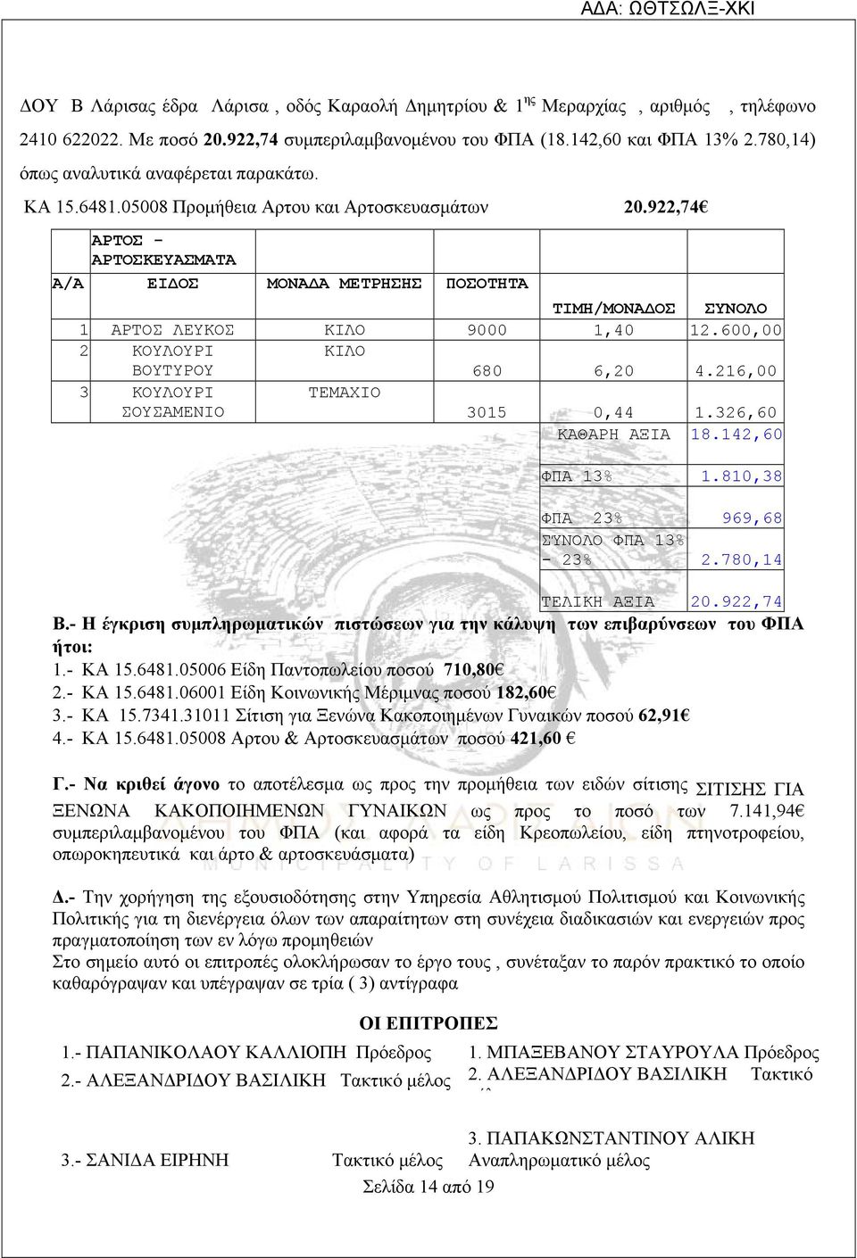 922,74 ΑΡΤΟΣ - ΑΡΤΟΣΚΕΥΑΣΜΑΤΑ 1 ΑΡΤΟΣ ΛΕΥΚΟΣ ΚΙΛΟ 0 1,40 12.600,00 2 ΚΟΥΛΟΥΡΙ ΚΙΛΟ ΒΟΥΤΥΡΟΥ 680 6,20 4.216,00 3 ΚΟΥΛΟΥΡΙ ΤΕΜΑΧΙΟ ΣΟΥΣΑΜΕΝΙΟ 3015 0,44 1.326,60 ΚΑΘΑΡΗ ΑΞΙΑ 18.142,60 ΦΠΑ 13% 1.