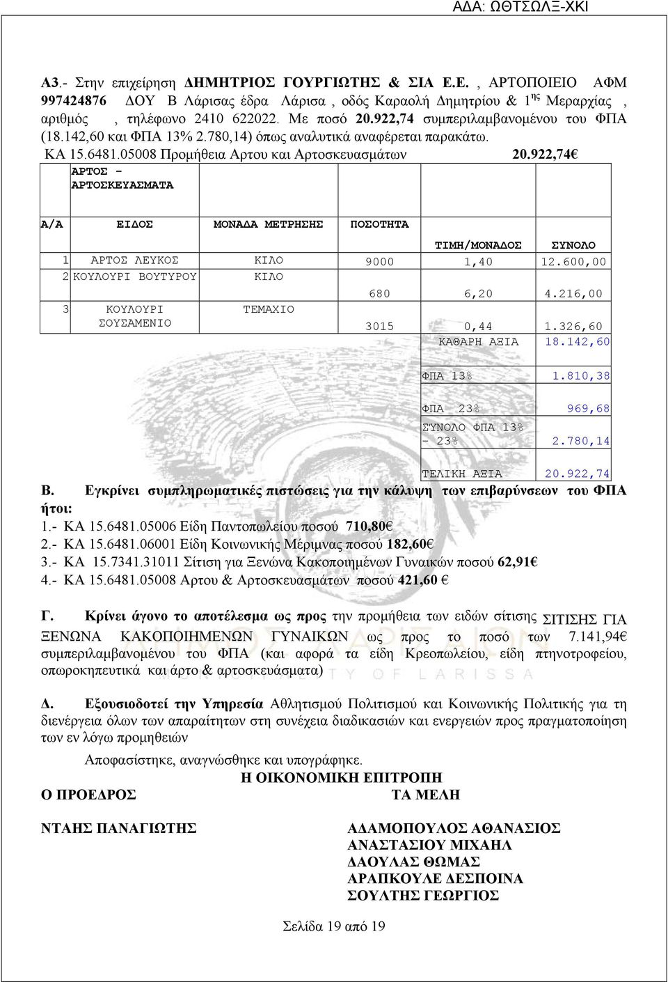922,74 ΑΡΤΟΣ - ΑΡΤΟΣΚΕΥΑΣΜΑΤΑ 1 ΑΡΤΟΣ ΛΕΥΚΟΣ ΚΙΛΟ 0 1,40 12.600,00 2 ΚΟΥΛΟΥΡΙ ΒΟΥΤΥΡΟΥ ΚΙΛΟ 680 6,20 4.216,00 3 ΚΟΥΛΟΥΡΙ ΤΕΜΑΧΙΟ ΣΟΥΣΑΜΕΝΙΟ 3015 0,44 1.326,60 ΚΑΘΑΡΗ ΑΞΙΑ 18.142,60 ΦΠΑ 13% 1.