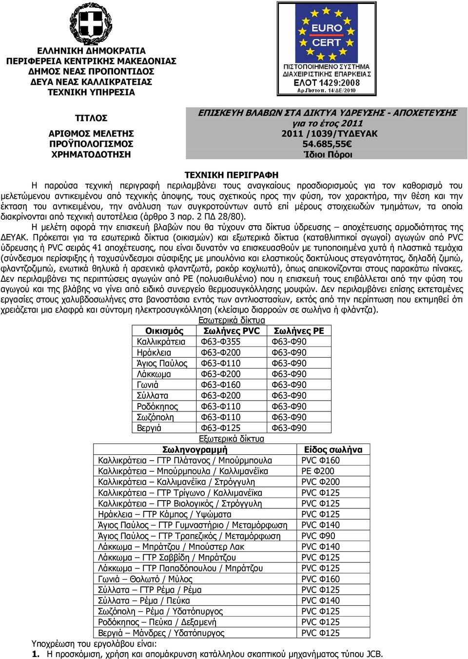685,55 ΧΡΗΜΑΤΟ ΟΤΗΣΗ Ίδιοι Πόροι ΤΕΧΝΙΚΗ ΠΕΡΙΓΡΑΦΗ Η παρούσα τεχνική περιγραφή περιλαµβάνει τους αναγκαίους προσδιορισµούς για τον καθορισµό του µελετώµενου αντικειµένου από τεχνικής άποψης, τους