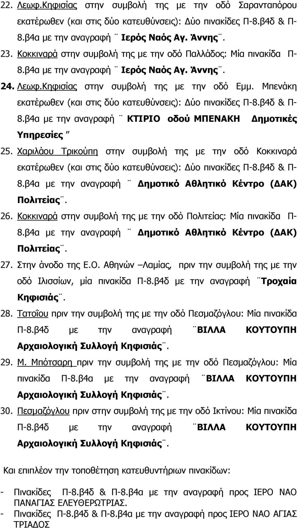 Χαριλάου Τρικούπη στην συμβολή της με την οδό Κοκκιναρά 8.β4α με την αναγραφή Δημοτικό Αθλητικό Κέντρο (ΔΑΚ) Πολιτείας. 26. Κοκκιναρά στην συμβολή της με την οδό Πολιτείας: Μία πινακίδα Π- 8.