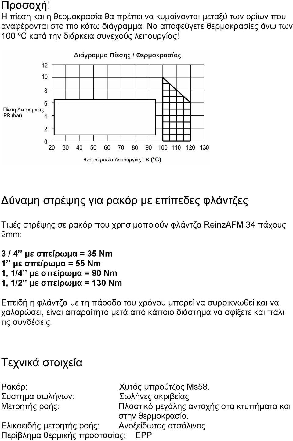 1/2 με σπείρωμα = 130 Nm Επειδή η φλάντζα με τη πάροδο του χρόνου μπορεί να συρρικνωθεί και να χαλαρώσει, είναι απαραίτητο μετά από κάποιο διάστημα να σφίξετε και πάλι τις συνδέσεις.