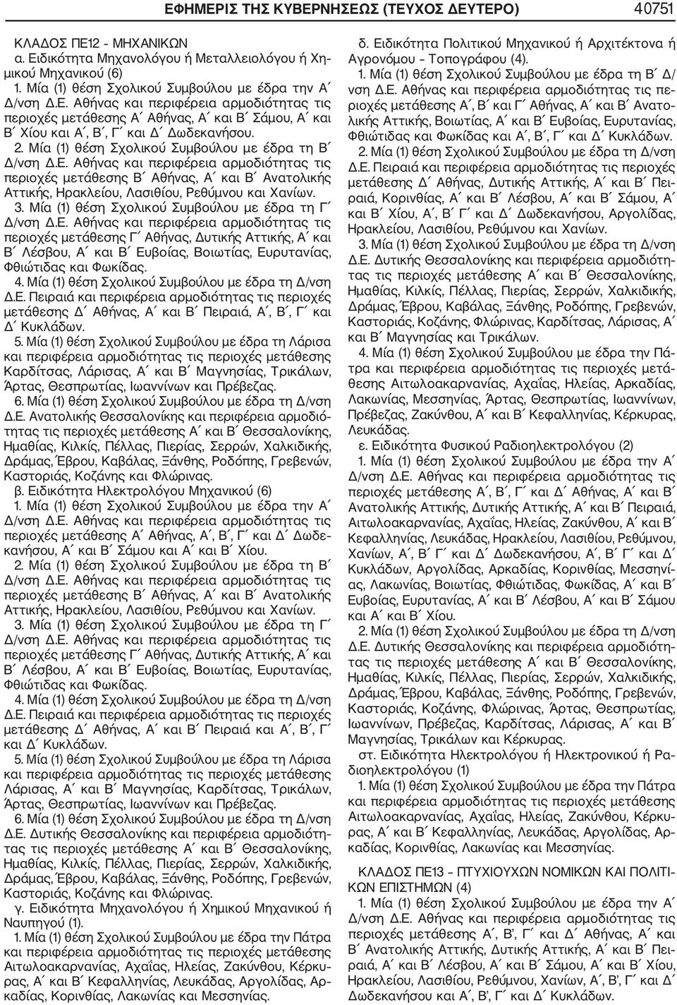 Μία (1) θέση Σχολικού Συμβούλου με έδρα τη Β περιοχές μετάθεσης Β Αθήνας, Α και Β Ανατολικής Αττικής, Ηρακλείου, Λασιθίου, Ρεθύμνου και Χανίων. 3.